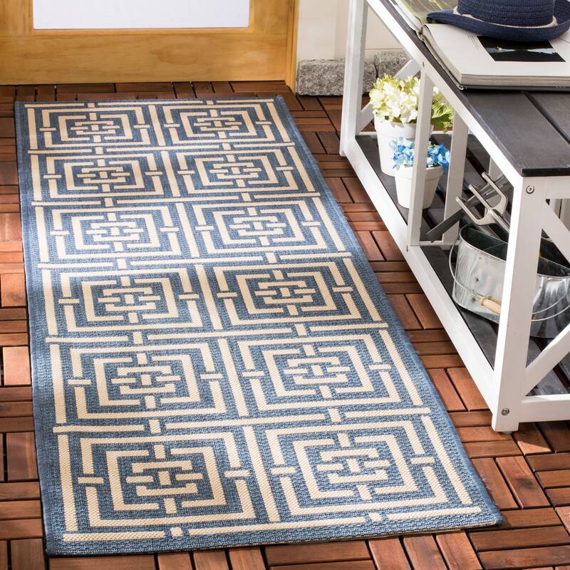 SAFAVIEH Courtyard Ginger Indoor/ Outdoor Waterproof Patio Backyard Rug - 2'3" x 6'7" Runner - Blue/Bone
