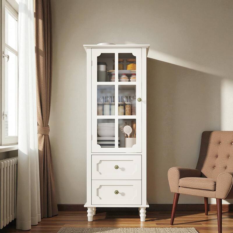 Minimalist Buffet Cabinet with Glass Doors and Drawers, Modern Wooden Storage Sideboard for Dining or Living Room - Creamy White