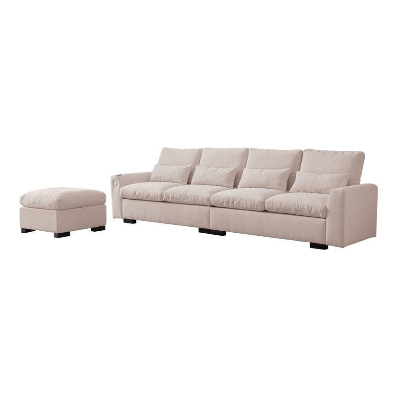 114.5" Modern Chenille L Shaped Sofa With Reversible Ottoman,Sectional Couch With USB Ports & Cup Holder
