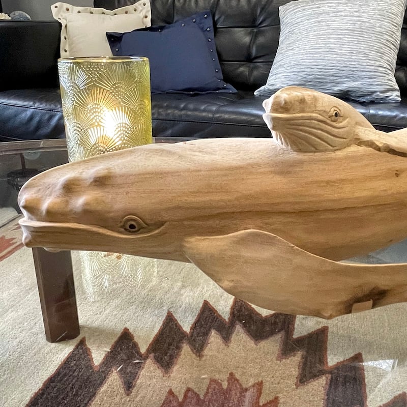 Carved Teak Wood Humpback Whale And Baby Tabletop Statue 20 Inch - 5.75 X 20 X 7.25 inches