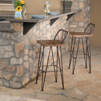 Outdoor Industrial Wood Bar Stool (Set of 2), Patio Cafe Counter Chair, Open Back Bar Chair Set, Iron Art High Chair