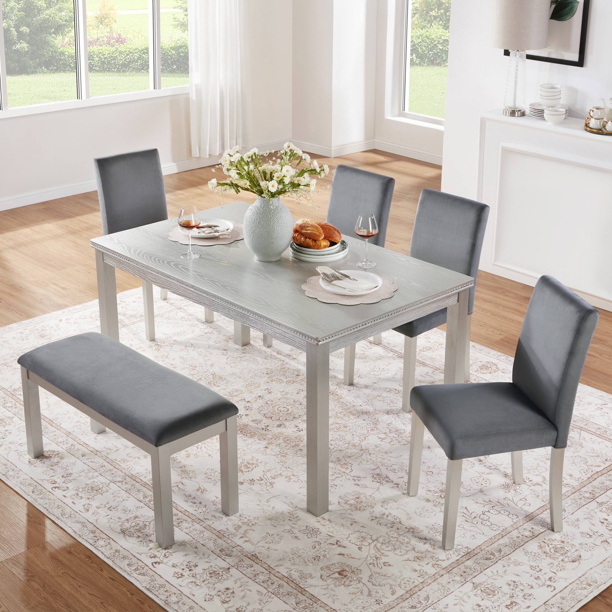 6 Piece Wooden Dining Table Set, Rectangular Dining Table Set with 4 Chairs & Bench, Dining Room Set with Crystal Decoration