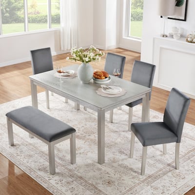 6 Piece Wooden Dining Table Set, with 4 Upholstered Chairs and Bench, Rectangular Dining Table Set with Crystal Decoration