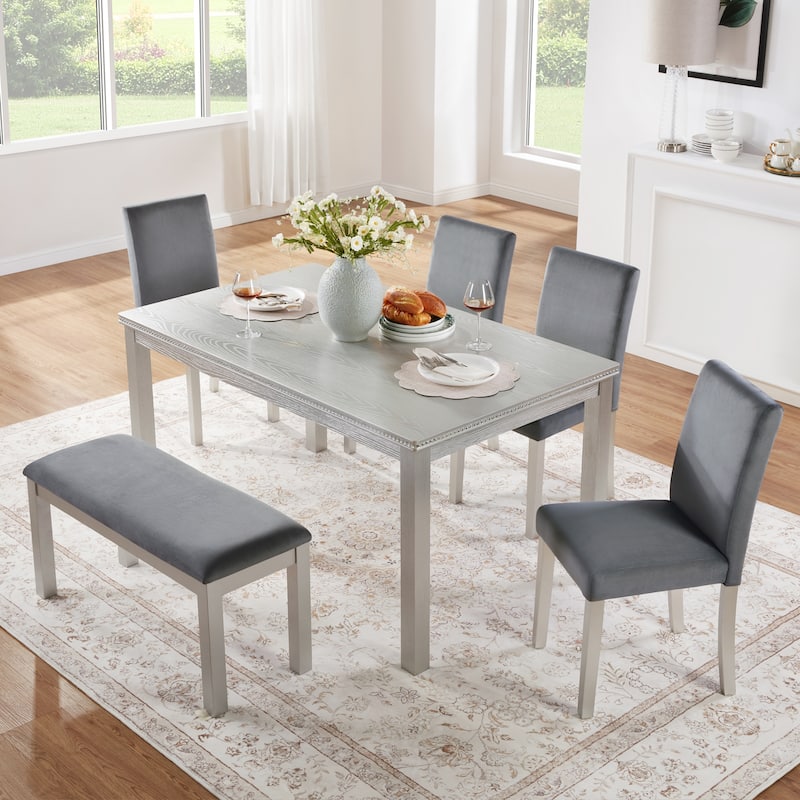 GDFStudio - Hamilton 6-Piece Classic Rectangular Crystal Wooden Dining Table Set with 4 Upholstered Chairs and 1 Bench - Silver grey