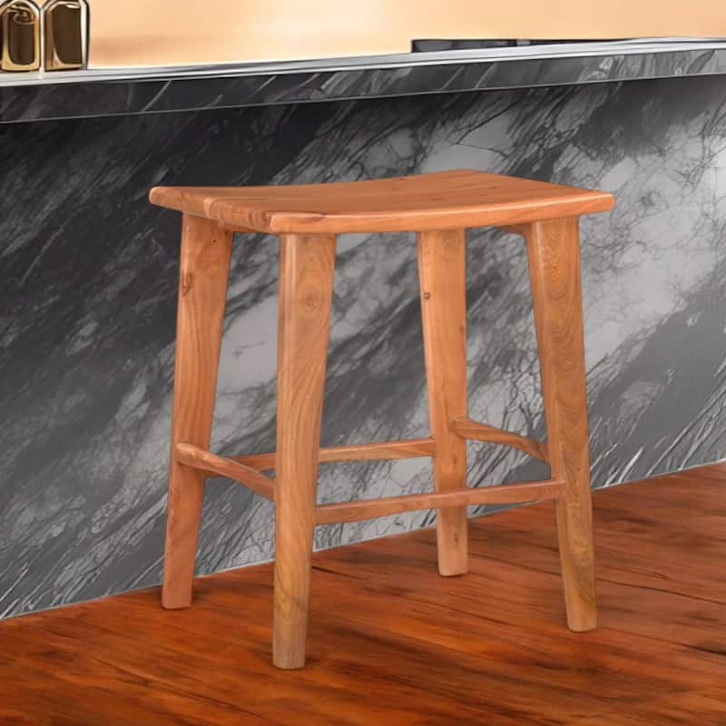 Brown Acacia Wood Saddle Seat Backless Bar Stool with Footrest - 14" D x 20” x 32” (D x W x H)