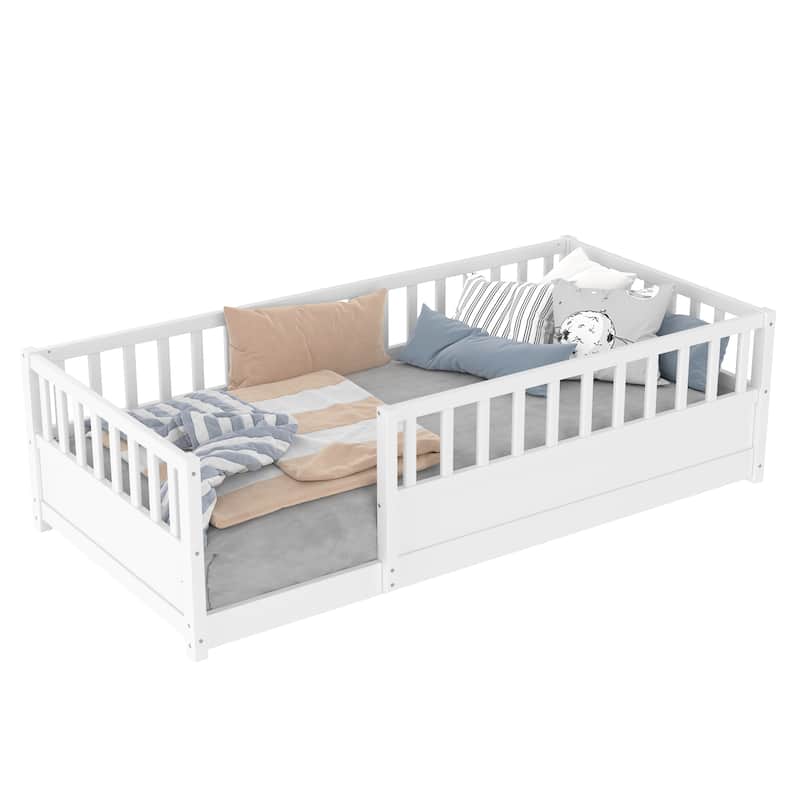 Floor Bed Pine Wood Bed Frame with Fence for Kids Easy Assembly