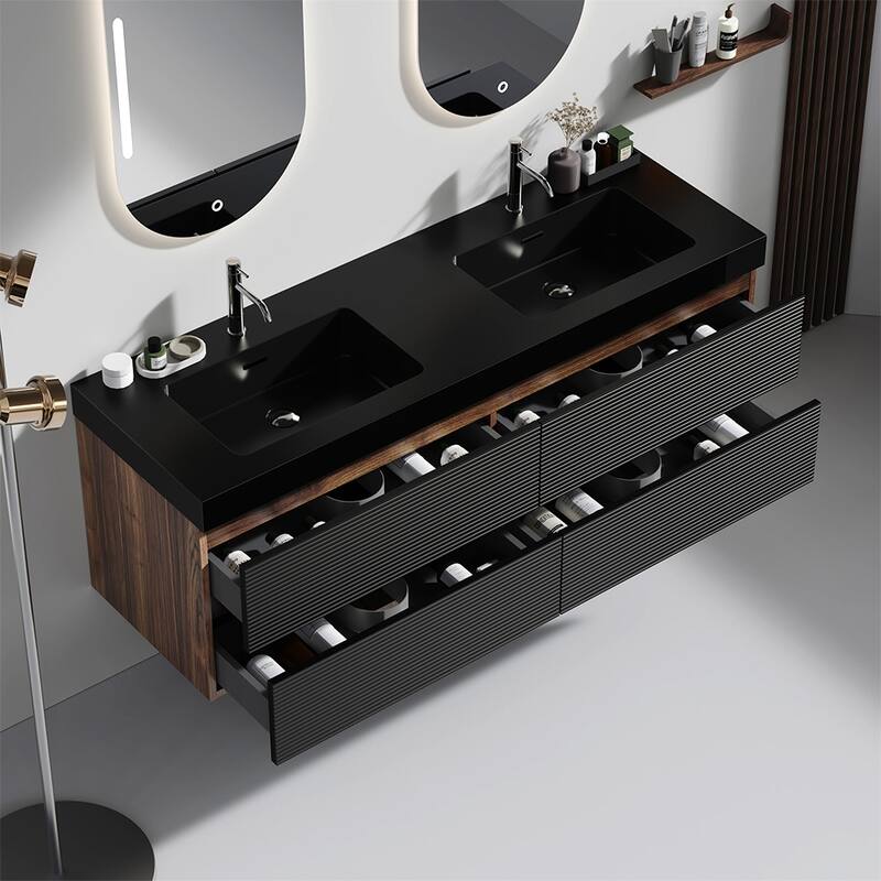 Wall Mounted Bathroom Vanity with Glossy White Solid Surface Sink