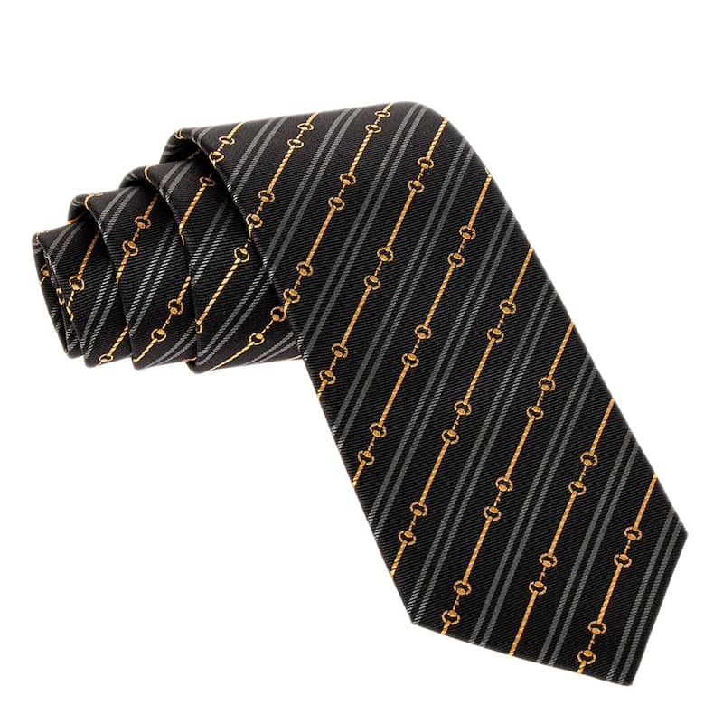 Gucci Horsebit Silk Jacquard Tie - Black, Grey, & Gold