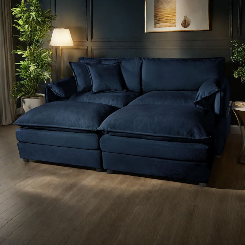 75.59" Chenille Upholstered 2-Seater Sleeper Modular Sectional Sofa with Double-Layer Cushions, DIY Combination - Blue