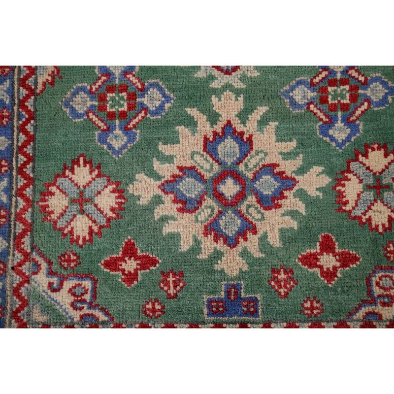 Green Geometric Kazak Oriental Accent Rug Handmade Wool Carpet - 3'4" x 4'10"