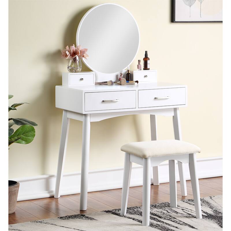 Contemporary Wood Vanity and Stool Set - White