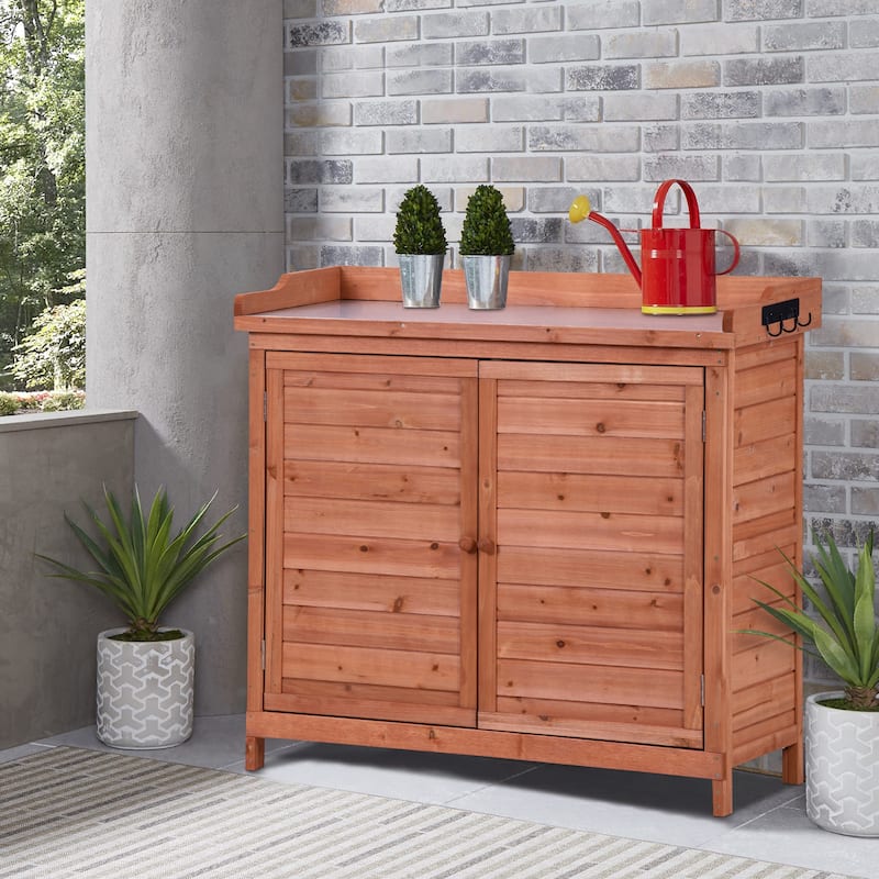 Outdoor Potting Bench, Garden Potting Table, Shelves, Metal Tabletop - 39x19.1x37.4inch(LXWXH) - Orange