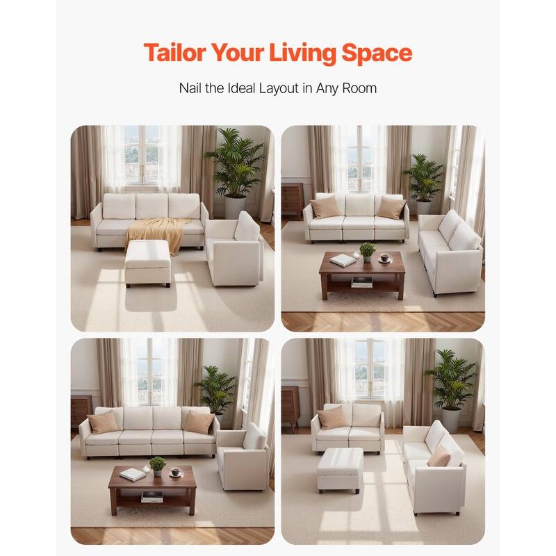 Beige Cotton-Linen Modular Sectional Sofa with Storage, Kid-Friendly Cushions and Wood Frame