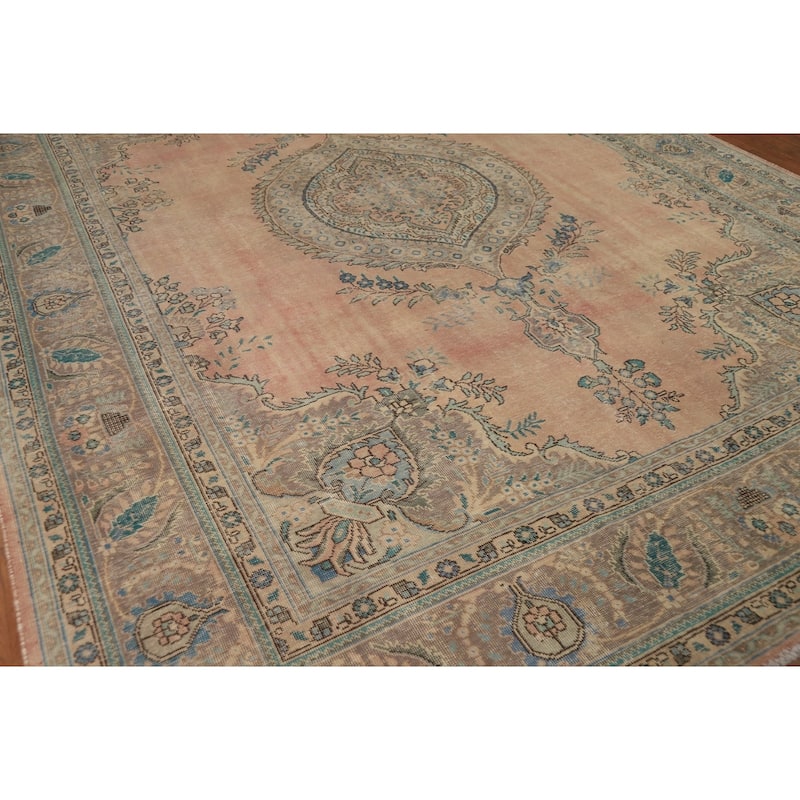 Tabriz Persian Vintage Area Rug Hand-Knotted Orange Wool Carpet - 9'7" x 12'8"