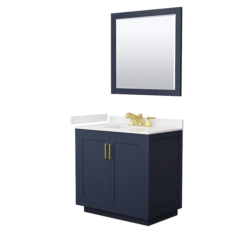 Miranda 36-inch Single Vanity, Quartz Top, 34-inch Mirror - Dark Blue, Gold Trim, White Quartz Top