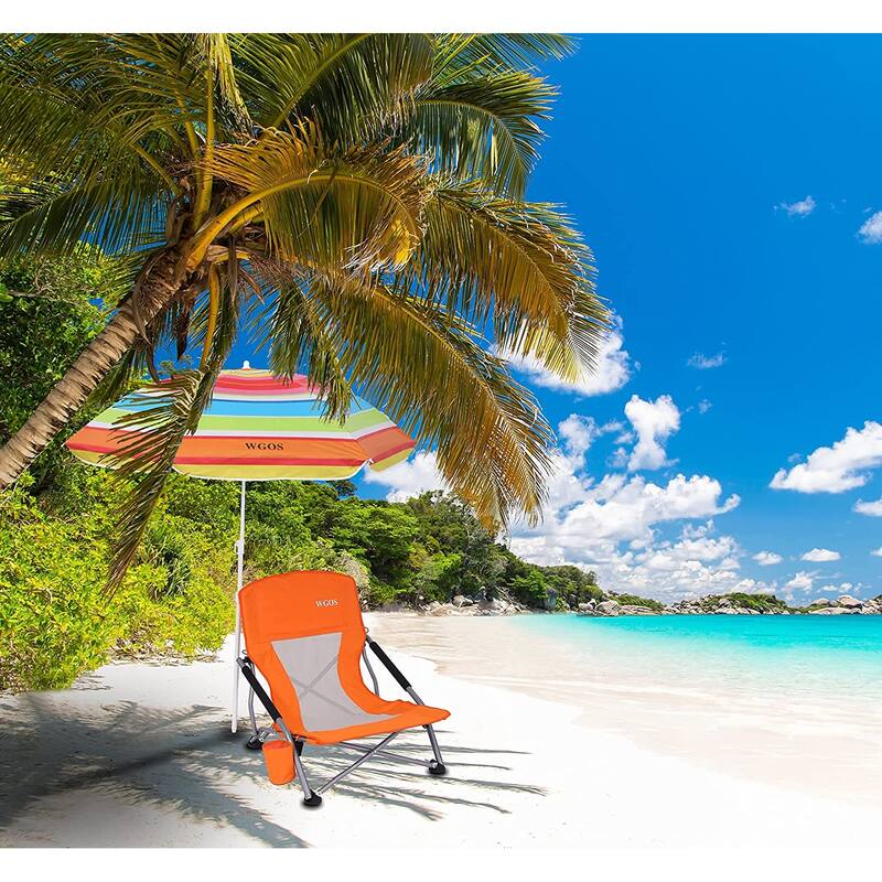 Low Beach Folding Camping Chair with Detachable SPF 50 Umbrella, Armrests with Cup Holder, Portable Lightweight Outdoor