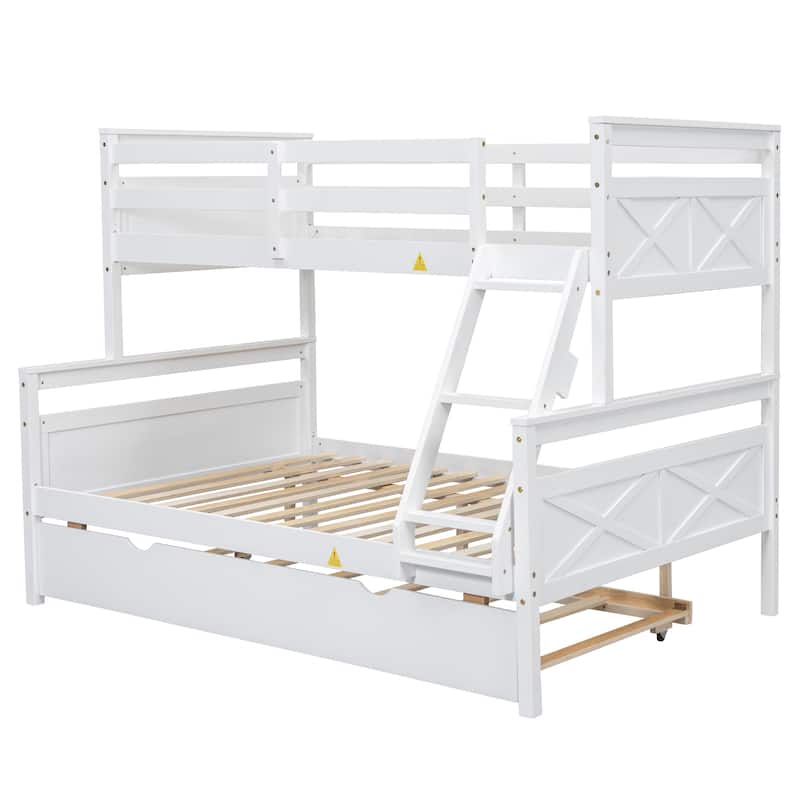 Twin Over Full Bunk Bed w/Ladder, Twin Size Trundle, Safety Guardrail