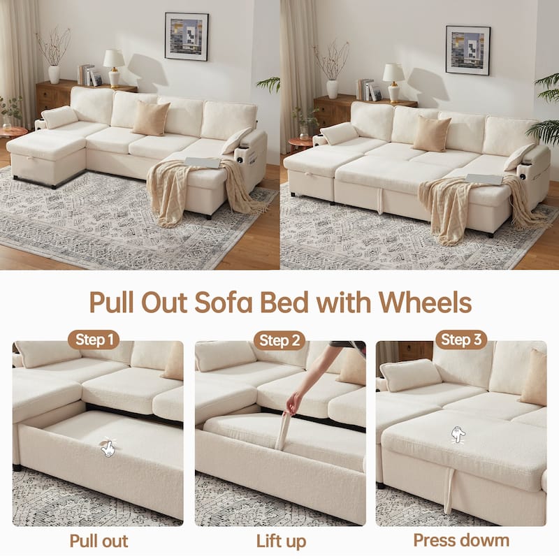 Convertible Sleeper Sofa 3-in-1 Pull Out Sectional Sofa Bed L/U-Shaped Couch with Storage Chaise
