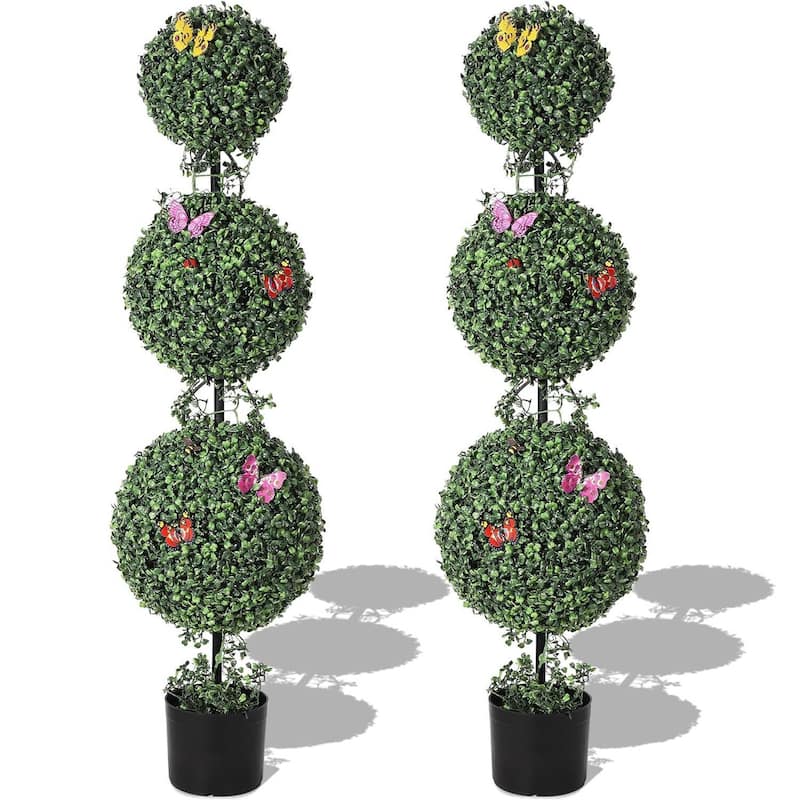 2 Pack Artificial Three Ball Topiary Trees Plants for Home Decor - 48 inch with Black Base