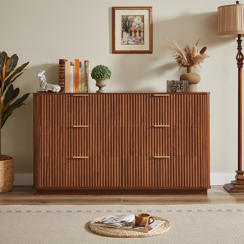 Anmytek 6 Drawer Dresser TV Stand 55 Inch Wide Modern Curved Wave Design Wood Dresser Organizer Walnut Finish