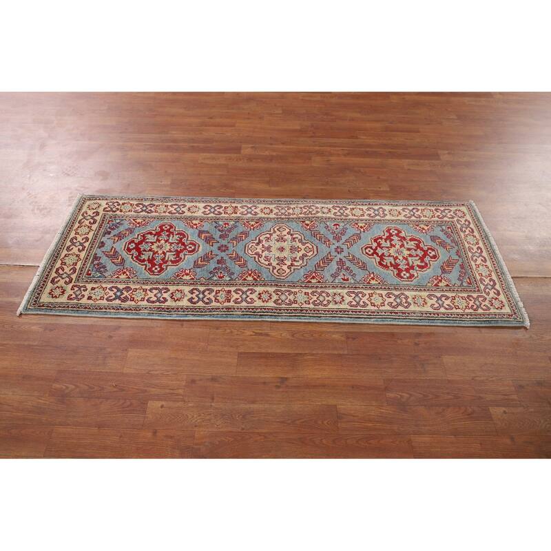 Light Blue Kazak Oriental Runner Rug Hallway Hand-Knotted Wool Carpet - 2'1" x 5'9"