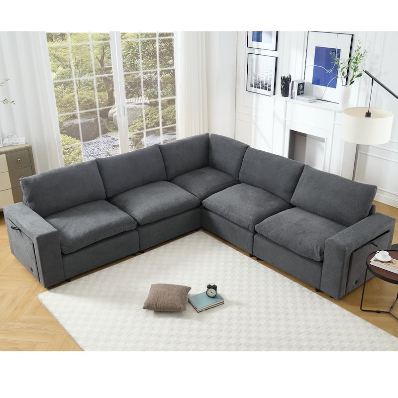 141.5" Linen Modular L-Shaped Sectional Sofa with Charging