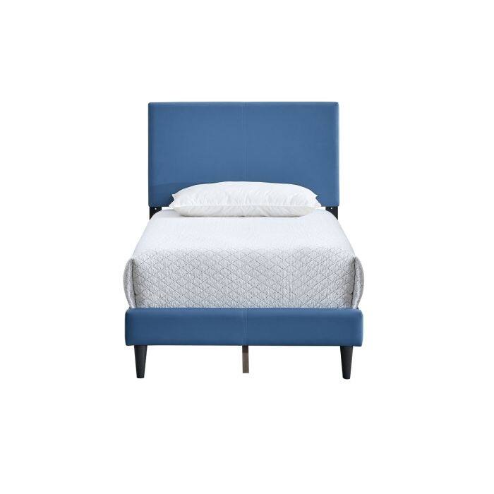 Twin Bed with Adjustable Headboard, Blue Faux Leather, No Mattress Included