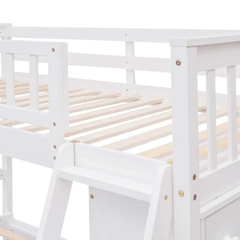 Twin Over Full Wooden Bunk Bed with Six Drawers And Flexible Shelves, Bottom Bed with Wheels-White