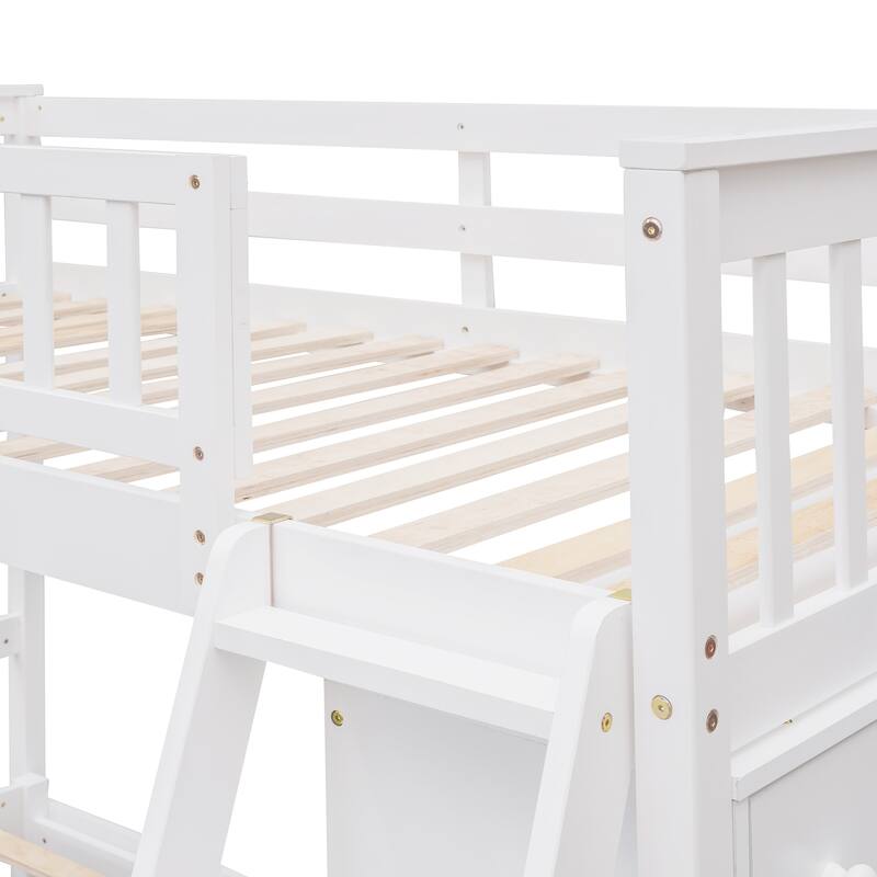 Wooden Twin Over Full Bunk Bed With Six Drawers And Flexible Shelves