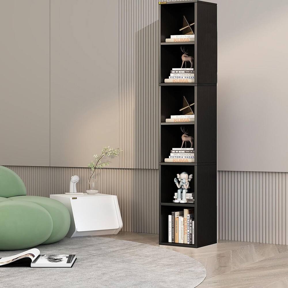 6Tier Wooden Tall Narrow Open Bookcase and Bookshelves,Black Bed