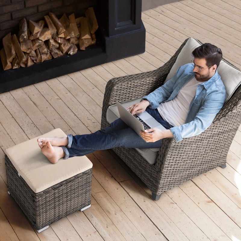 Nuu Garden Outdoor 2-Piece Wicker Ottoman with Storage and Cushion