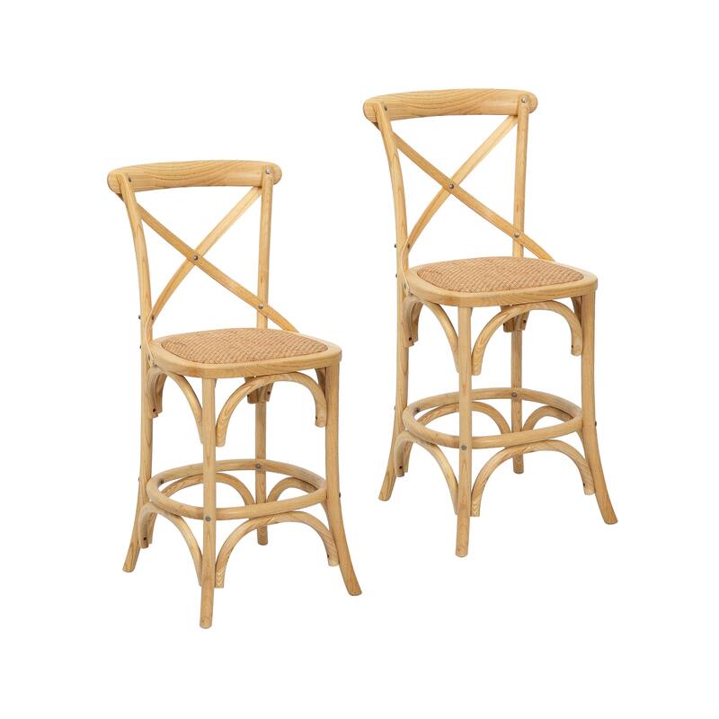 Porthos Home Ziva Counter Stools Set of 2, Elm Wood with Woven Rattan