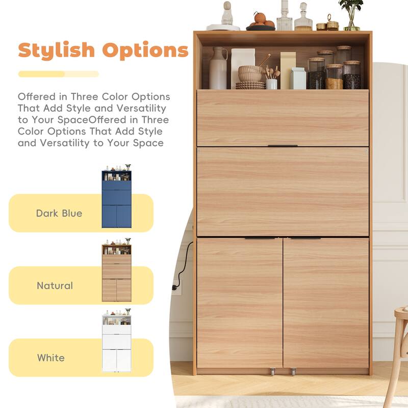 Compact Kitchen Pantry Storage Cabinet, 69" H Buffet Sideboard Server Table with Drop-Down Workstation & Power Outlet