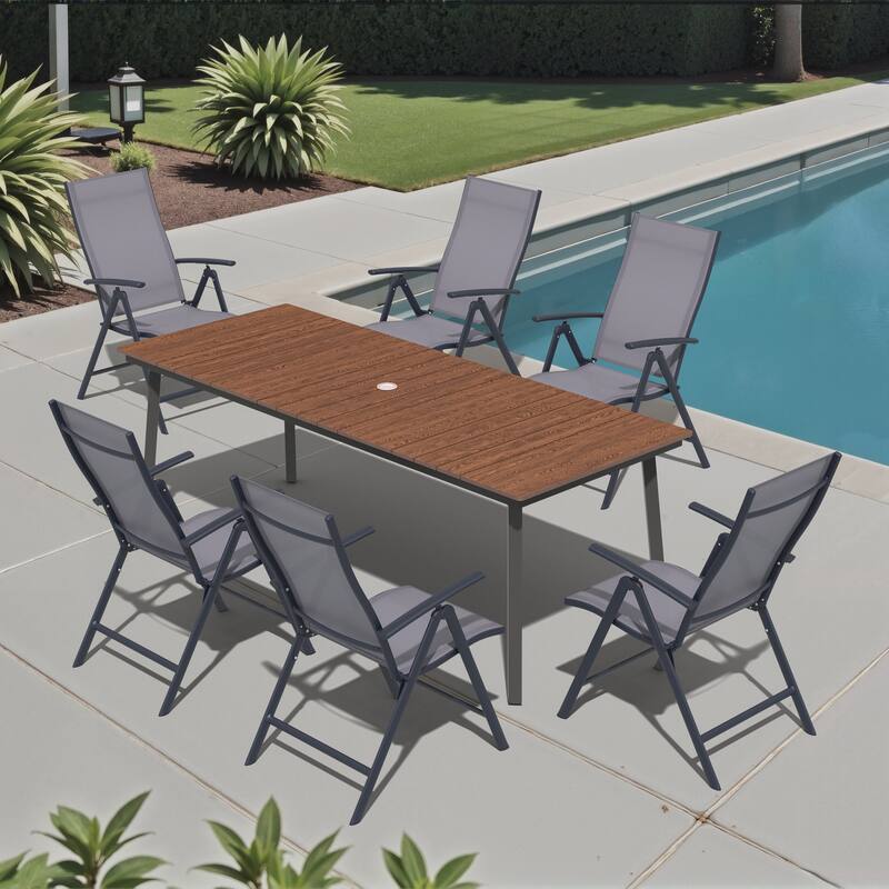 7-Piece Outdoor Dining Set Rectangle Patio Dining Table and Folding Adjustable Dining Chairs - Grey
