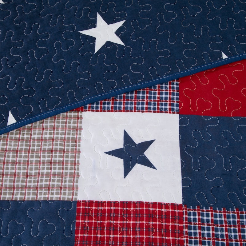 Caroline Patriotic Quilt Set - Microfiber Americana Stars and Plaid Patchwork Bedding with Pillow Shams by Windsor Home