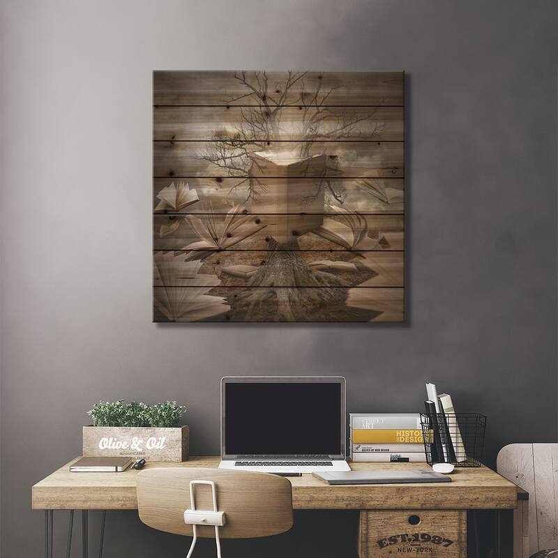 Old Tree Reading A Story Book Print On Wood by Angela Waye - Multi-Color