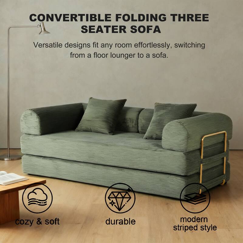2-in-1 Convertible Floor Sofa Bed, Foldable Compressed Loveseat Lounge, Faux Fur Upholstered Cloud Boneless Couch with 2 Pillows - Green