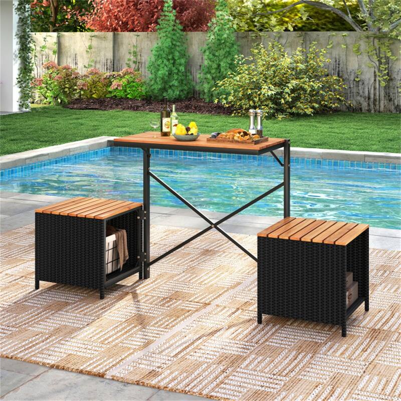 Convertible Outdoor Patio Table and Chairs Set 2-Seater Bench PE Rattan Acacia Wood Metal Frame - 66" × 18" × 32"