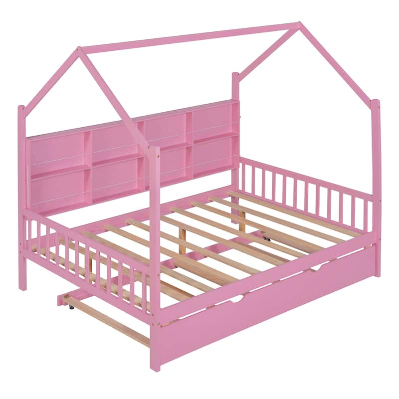 Pine House Bed with Trundle & Storage Shelf