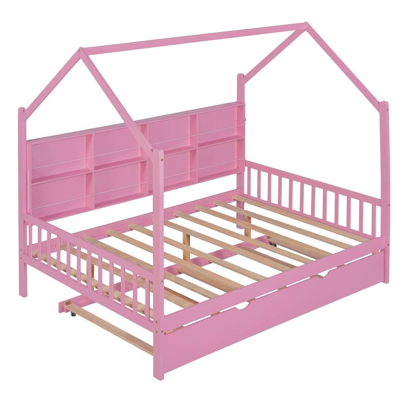 Pine Kids House Platform Bed with Trundle, Shelf, and Roof