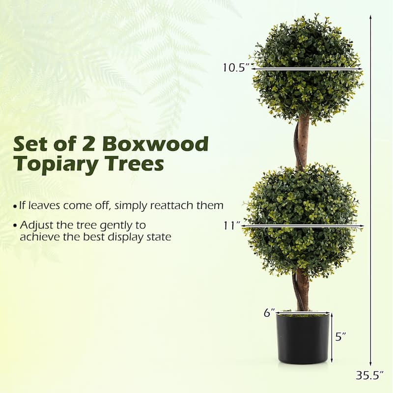 3 Feet Set of 2 Artificial Topiary Ball Trees Faux Shrubs with Birch Trunks for Indoor Outdoor Decor - 35.5"