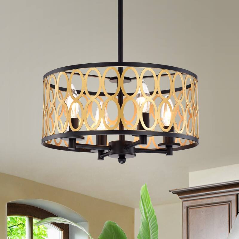 Shivana Matte Black+Gold Geometric Iron Frame 4-Light Drum Chandelier