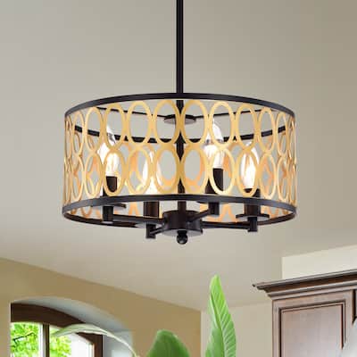 Shivana Matte Black+Gold Geometric Iron Frame 4-Light Drum Chandelier