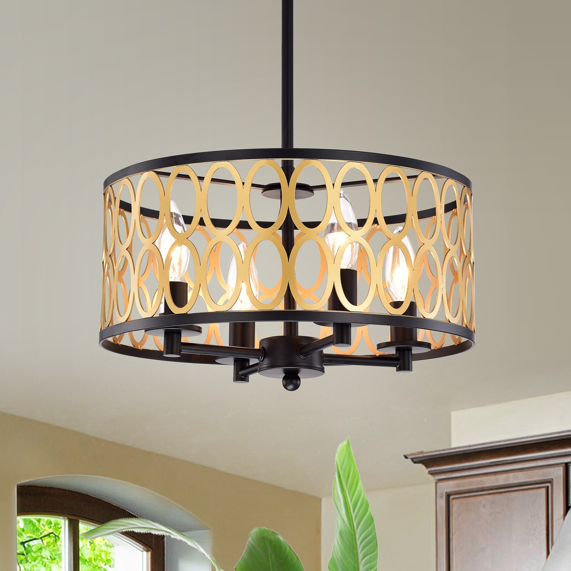 Warehouse of Tiffany Shivana Matte Black+Gold Geometric Iron Frame 4-Light Drum Chandelier