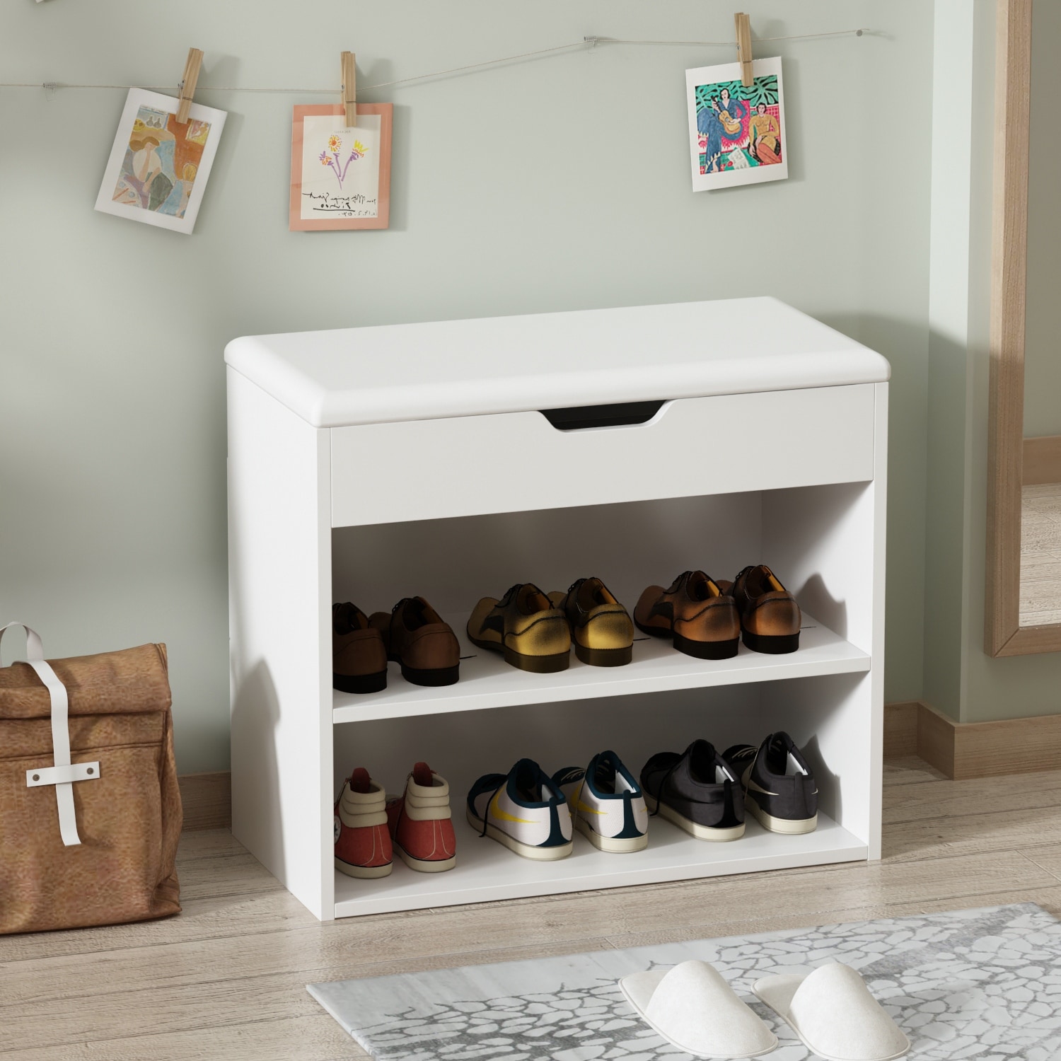 24"W Shoe Storage Bench W/Sponge Cushion Living Room Seating Shoe Cabinet
