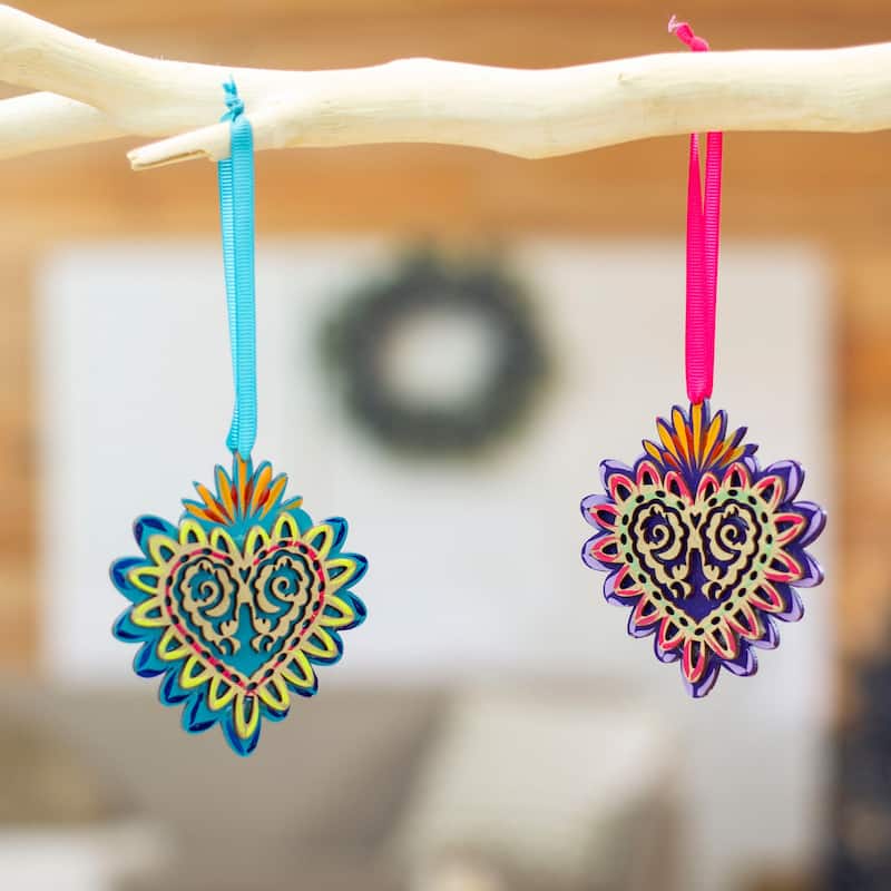 Novica Handmade Shimmering Heart Wood Ornaments (Pair)
