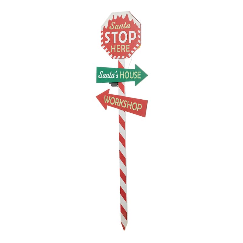 Glitzhome Christmas Lighted Wooden Santa Stop Here Yard Stake Outdoor Decor