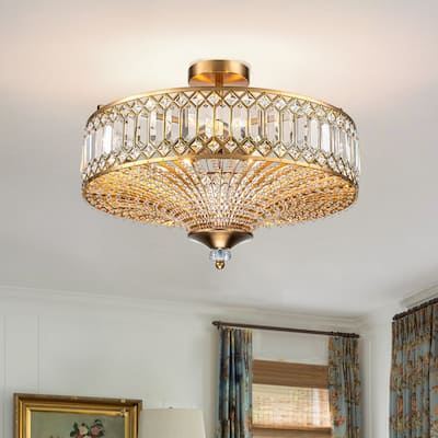 Mid Century 6-Light Gold 19.6-in Glam Crystal Semi Flush Mount with Drum Shade - 19.6