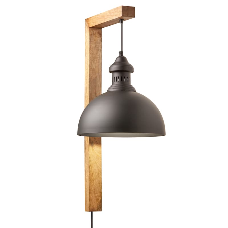 River of Goods Black Metal and Wood Dome Shade Indoor Plug In Wall Sconce - 16" x 12" x 28.5" - 16" x 12" x 28.5" - Black/Tan