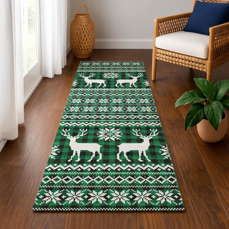 Premium Washable Super Soft Christmas Reindeer Mayfield Rug - Green - 2'3" x 7'6"